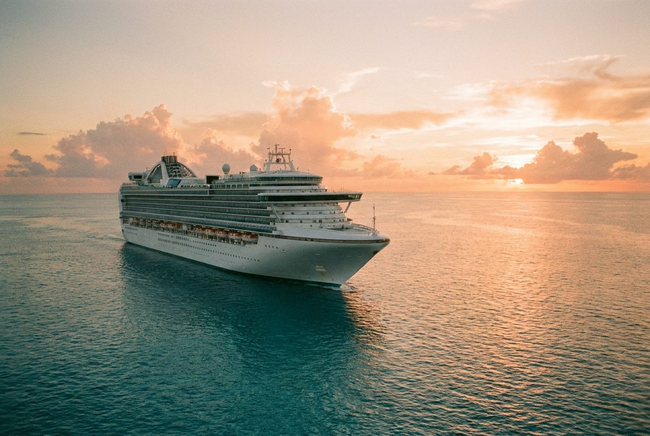 Cruise ship sailing across a calm ocean at golden hour