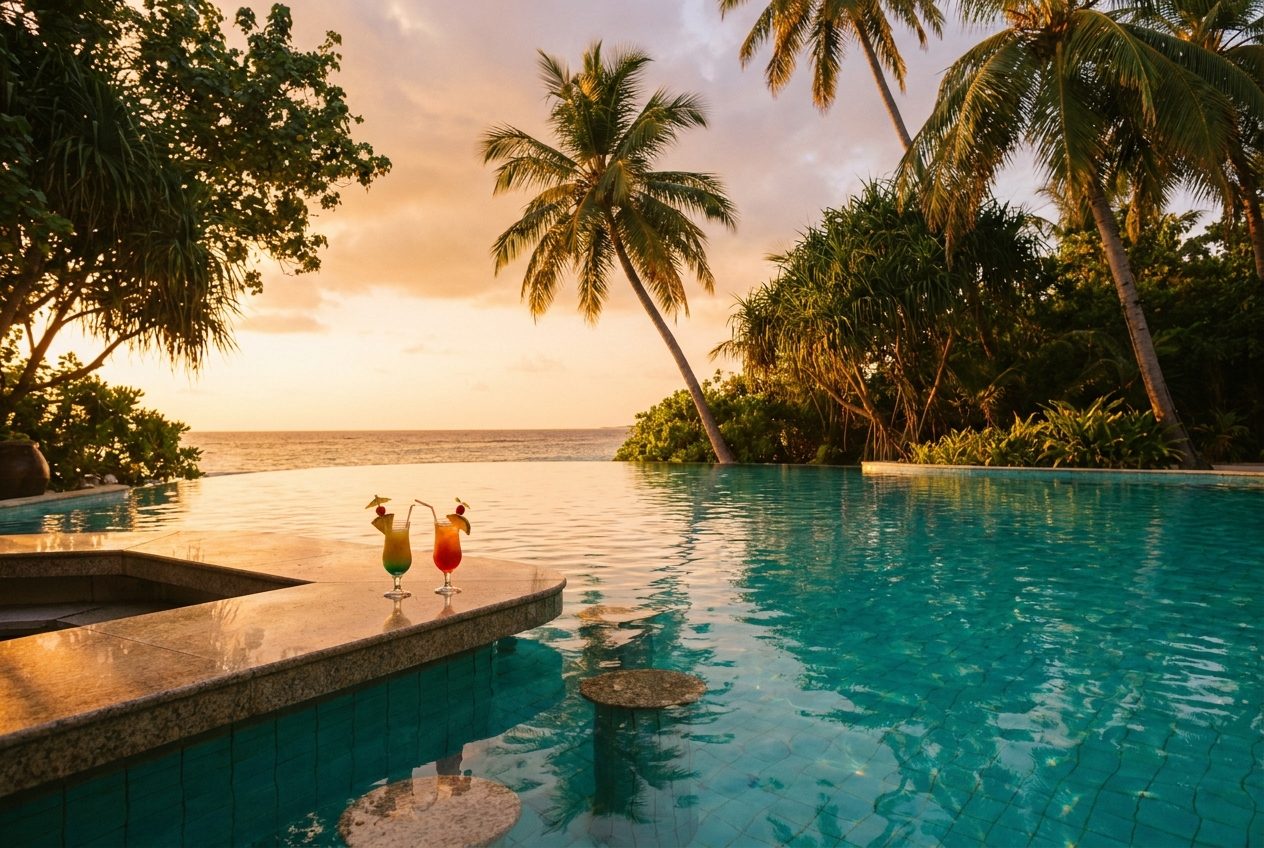 Resort infinity pool with swim-up bar and tropical drinks at sunset
